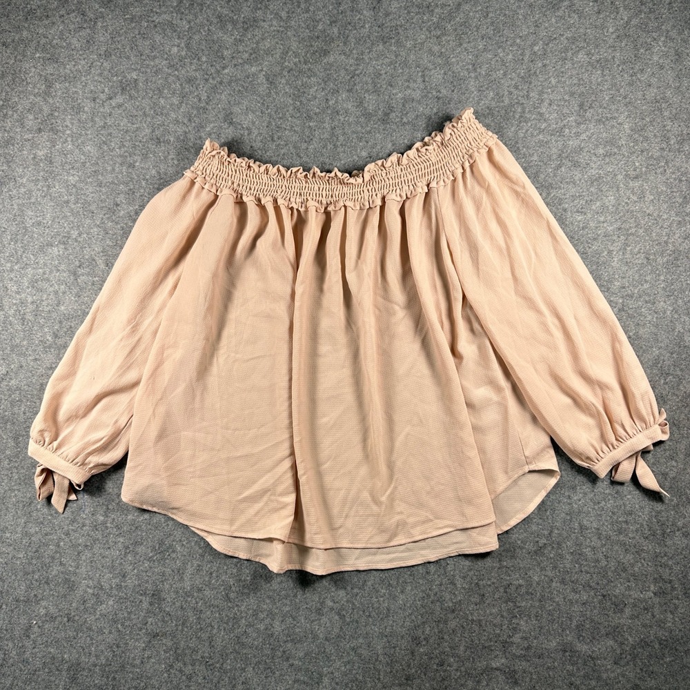 Fourteenth Place Womens Off The Shoulder Blouse Large Peach Smocked Tie Cuff